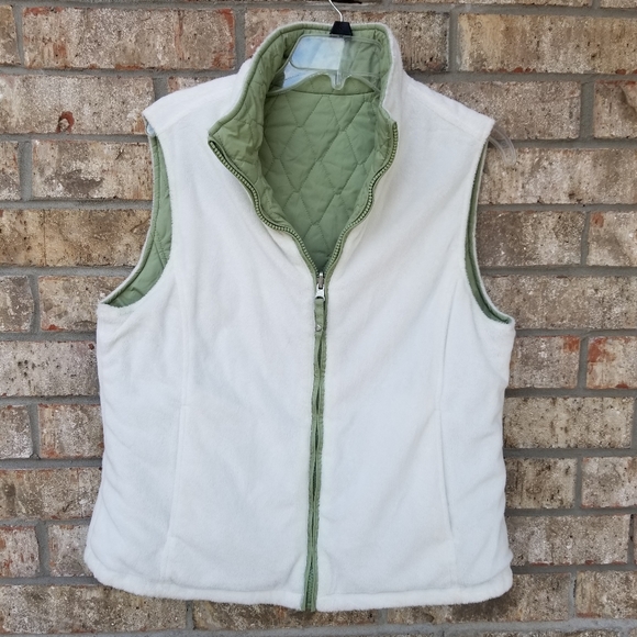 Free Country Womens Medium Green Quilted/White Faux Fur Reversible Vest - Picture 5 of 9